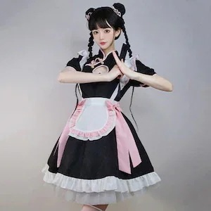 メイド服 可愛い チャイナ風 コスプレ ボウタイ 透かし彫り S M L ワンピース