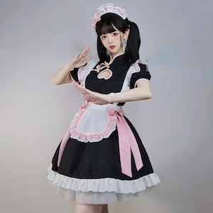 メイド服 可愛い チャイナ風 コスプレ ボウタイ 透かし彫り S M L ワンピース