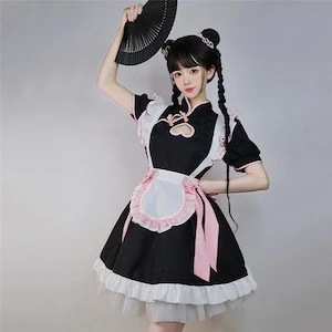 メイド服 可愛い チャイナ風 コスプレ ボウタイ 透かし彫り S M L ワンピース