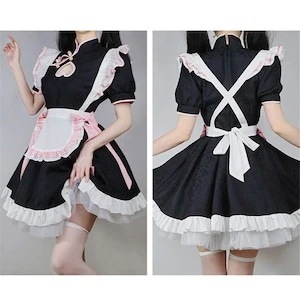 メイド服 可愛い チャイナ風 コスプレ ボウタイ 透かし彫り S M L ワンピース