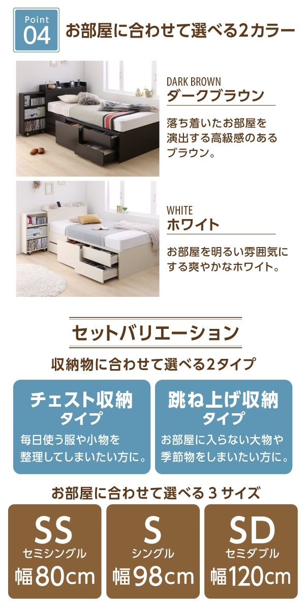 [組立設置付]タイプが選べる 大容量 収納ベッド [セレクトイン] [プレミアムポケットコイルマットレス付き] チェスト収納 セミダブル [フレーム色]ホワイト [マットレス色]ホワイト