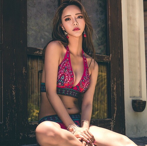 【急速出荷!】水着 エスニック調 セクシー ビキニ ホルターネック バックリボン ビキニ クロスバック ブラック リボン おしゃれ ビーチウェア ミセス トロピカル柄 ホルター