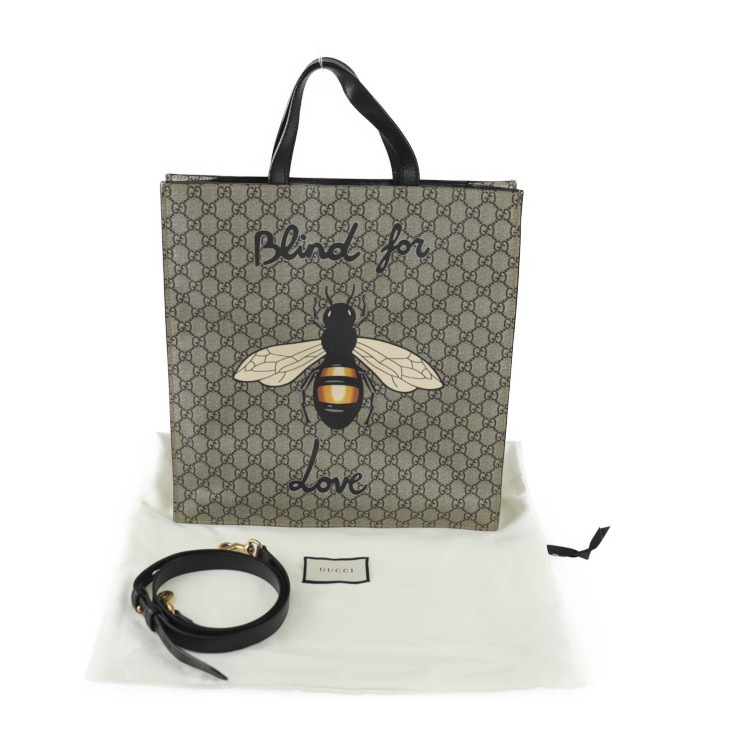 美品 GUCCI グッチ トートバッグ 450950 Bee Print ビープリント トートバッグ GGスプリーム PVC レザー ベージュ ブラウン ブラック 2WAY シ【本物保証】