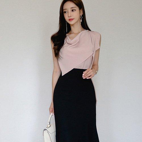 キャバドレス ナイトドレス ミディアムドレス セットアップ ツーピース フレア Aライン ハイウエスト ノースリーブ シフォン ドレープ レディース グラシア