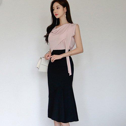 キャバドレス ナイトドレス ミディアムドレス セットアップ ツーピース フレア Aライン ハイウエスト ノースリーブ シフォン ドレープ レディース グラシア