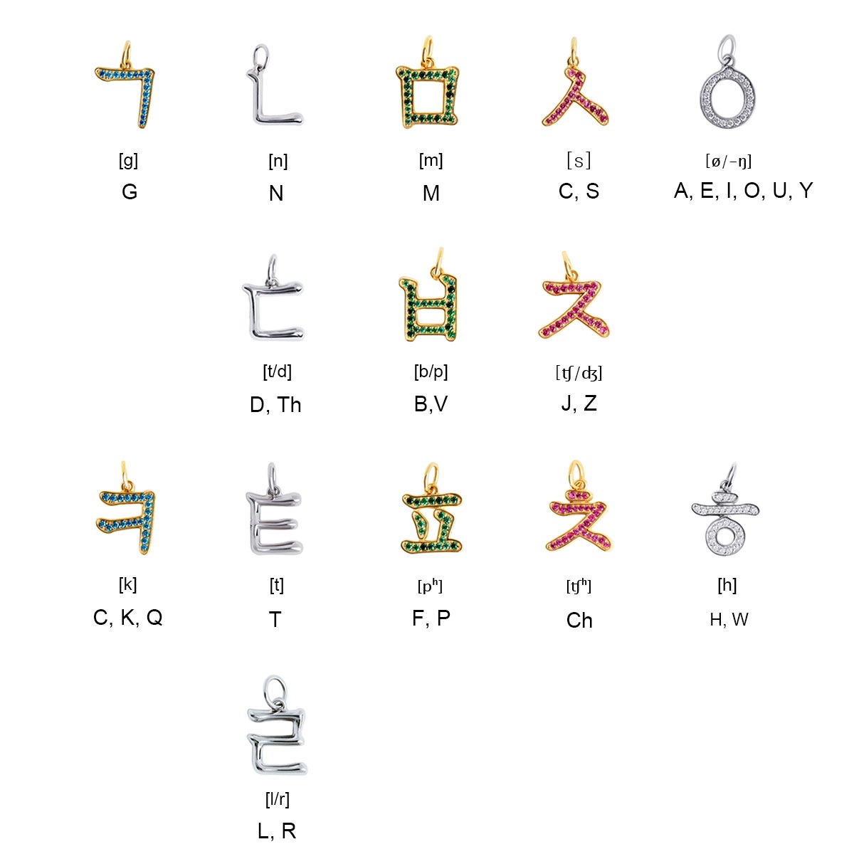 ハングル_韓国 アルファベット A イニシャルペンダント 18Kゴールドメッキ 3Dシルバーキュービックジルコニア 14 文字ギフト 女性 男性 子供 ジュエリー