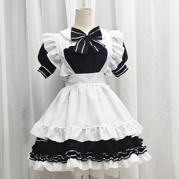 2022 新メイド服 日本のメイド黒と白のロリ メイド コスプレかわいい学生ワンピース 衣装プラス サイズの