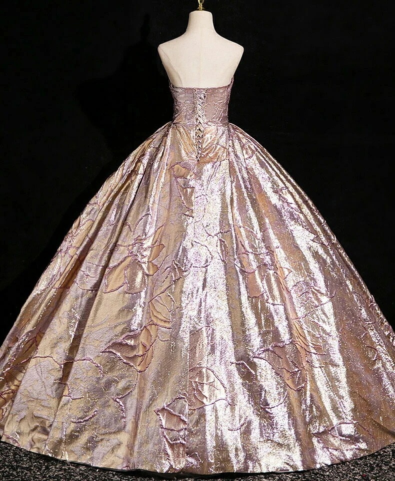 カラードレス ロングドレス パーティードレス ピンクゴールド 華やか ビスチェ ベアトップ 花柄 ウェディングドレス ウエディングドレス 結婚式 二次会 花嫁 前撮り 演奏会 発表会 カクテルドレス