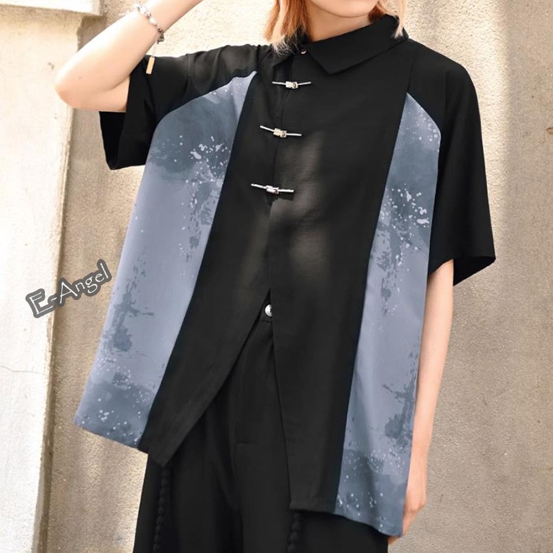 チャイナ風シャツ ブラウス 半袖 アシンメトリー チャイナ風 トップス 夏 レディース 切り替え 水墨プリント 金属ボタン チャイナ風シャツ ブラウス 半袖 アシンメトリー チャイナ風 トップス 夏 レディース 切り替え 水墨プリント 金属ボタン