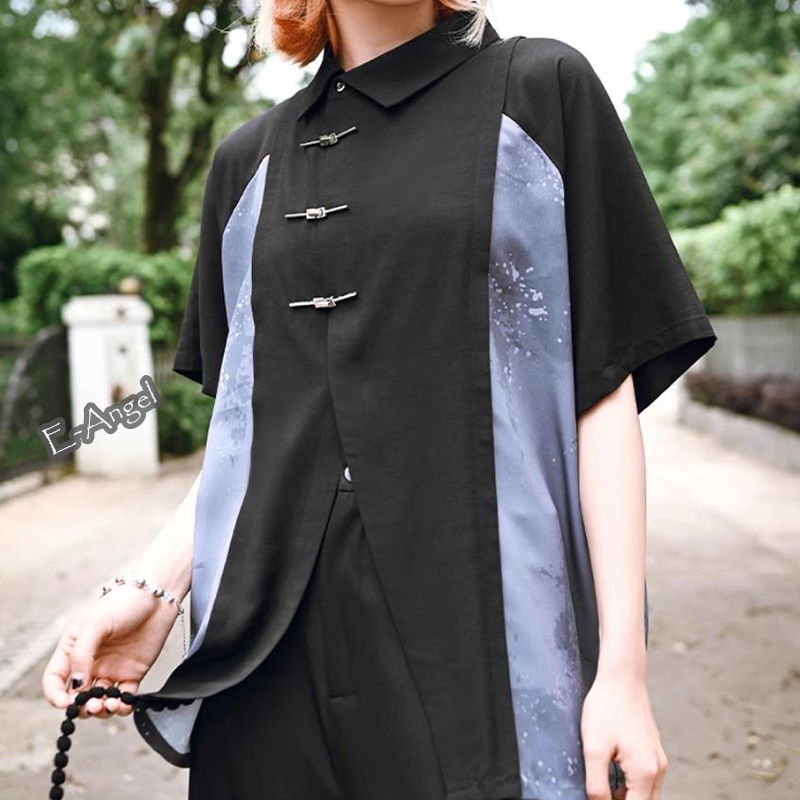 チャイナ風シャツ ブラウス 半袖 アシンメトリー チャイナ風 トップス 夏 レディース 切り替え 水墨プリント 金属ボタン チャイナ風シャツ ブラウス 半袖 アシンメトリー チャイナ風 トップス 夏 レディース 切り替え 水墨プリント 金属ボタン