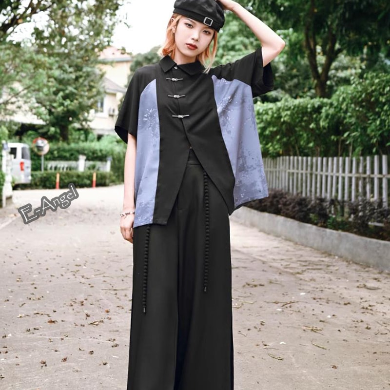 チャイナ風シャツ ブラウス 半袖 アシンメトリー チャイナ風 トップス 夏 レディース 切り替え 水墨プリント 金属ボタン チャイナ風シャツ ブラウス 半袖 アシンメトリー チャイナ風 トップス 夏 レディース 切り替え 水墨プリント 金属ボタン