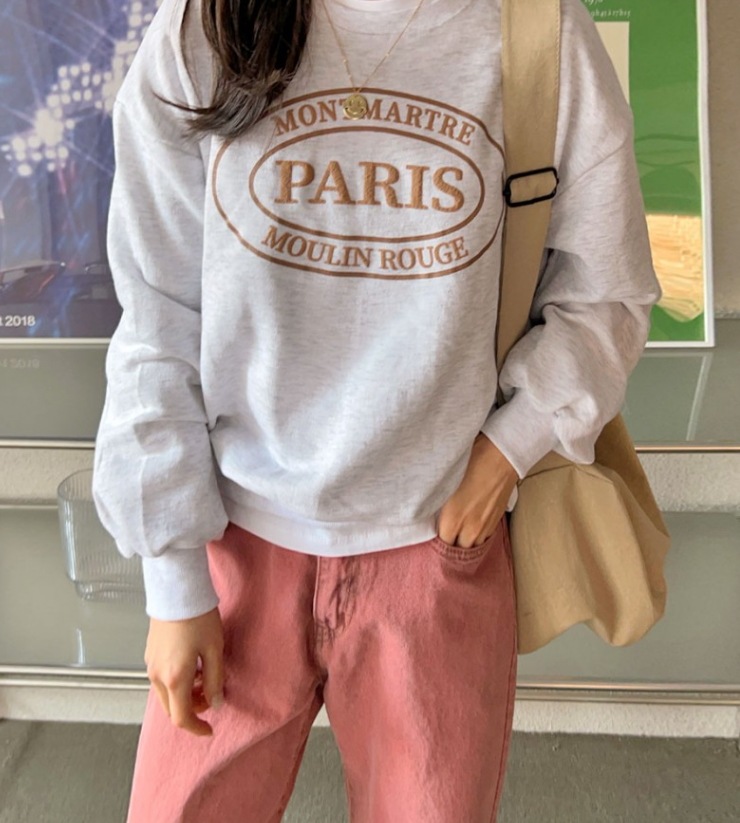 プリントトレーナー トップス プルオーバー トレーナー 袖あり 長袖 ボリューム袖 Uネック ラウンドネック ストレート Iライン かわいい 大人可愛い シンプル プリントトレーナー カジュアルトレーナー ラウンドネック