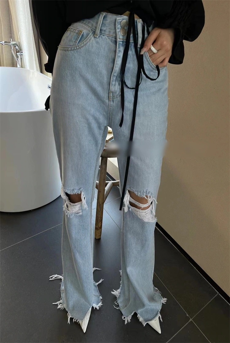 安セール 人気 トレンドレディース ロングパンツ ハイウエスト 破れ スリム フレアパンツ デニムパンツ スラックス