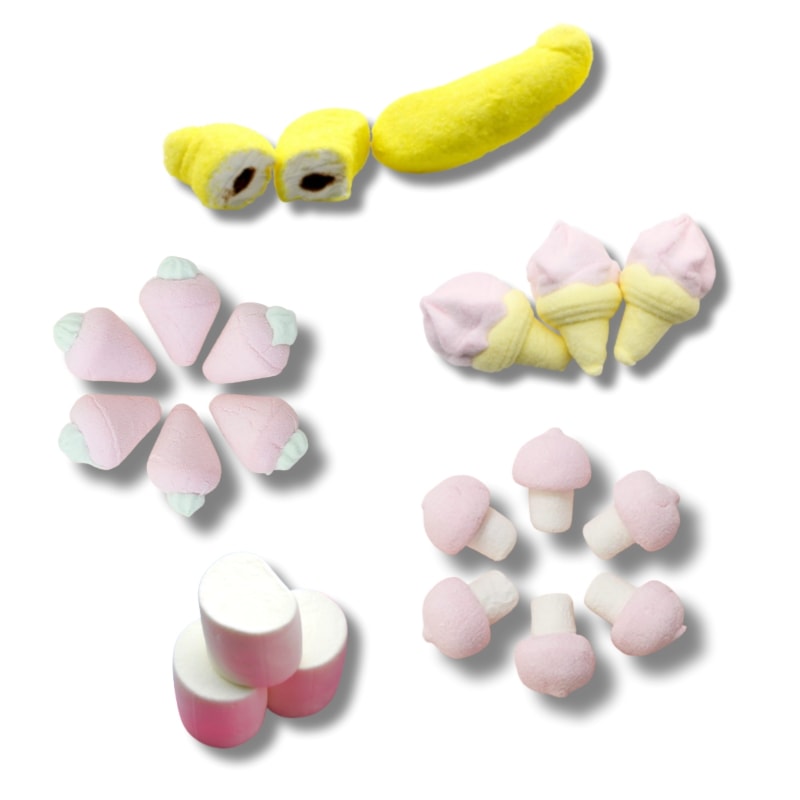 [イタリア産 マシュマロ5点セット]イチゴ95g+バナナ90g+キノコ95g+アイスクリーム95g+クラシック100g+GIFTイルカ形ゼリー1個(40g)贈呈