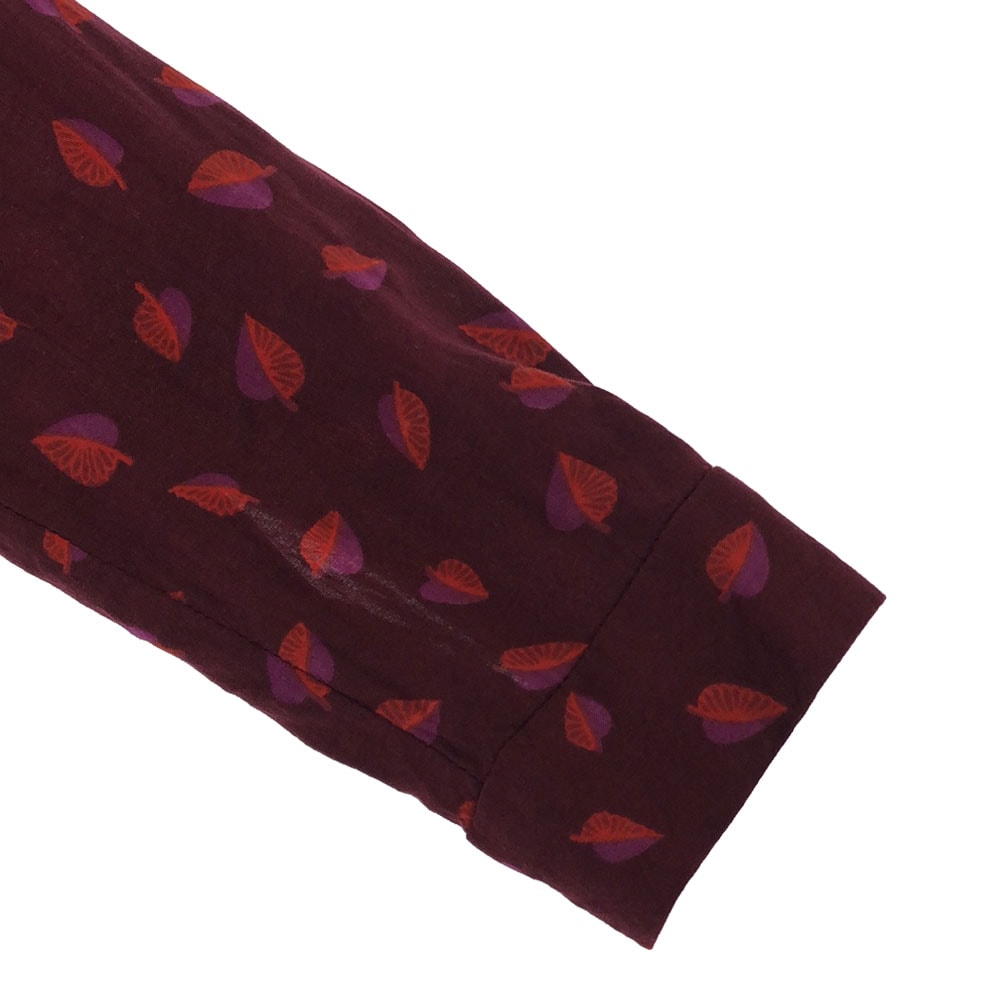 リーフ柄 長袖 膝丈ワンピース 2 レッド系 レディース