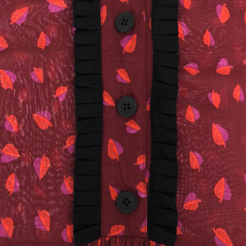 リーフ柄 長袖 膝丈ワンピース 2 レッド系 レディース