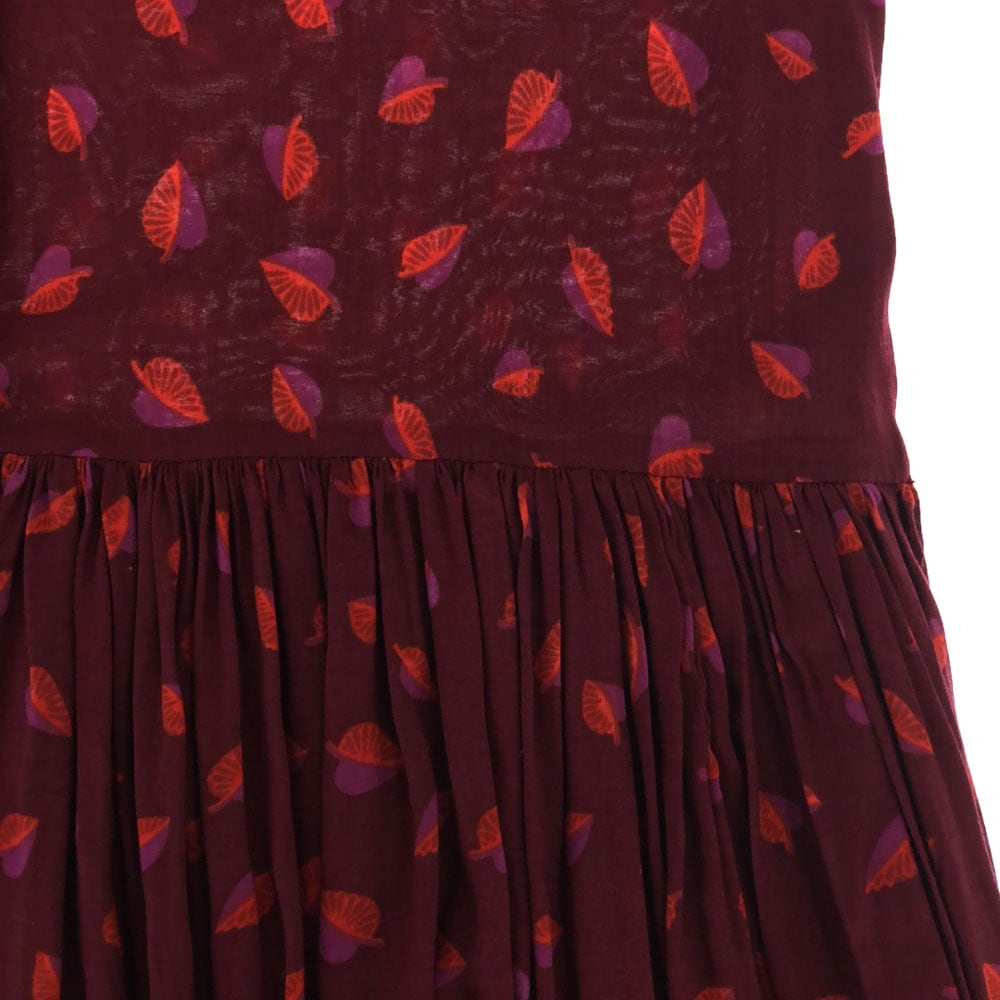 リーフ柄 長袖 膝丈ワンピース 2 レッド系 レディース