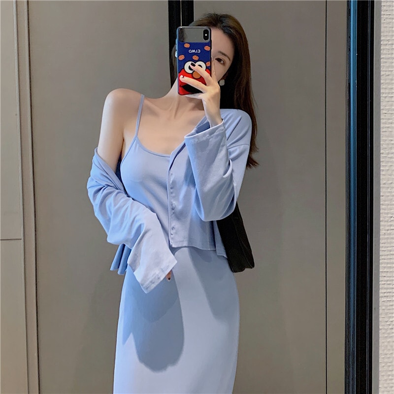 セットアップ レディース ワンピース キャミワンピ キャミソール カーディガン プルオーバー ロングスカート ロング ロング丈 袖あり 長袖 襟なし Uネック ラウンドネック 薄手 スリム 2点セット