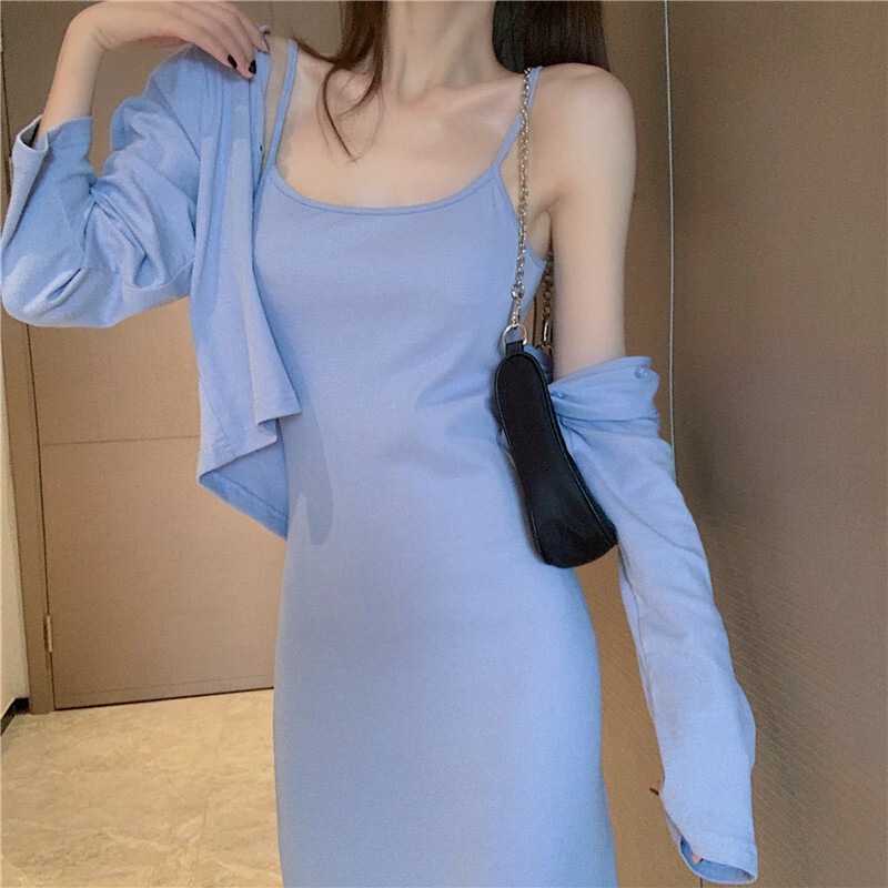 セットアップ レディース ワンピース キャミワンピ キャミソール カーディガン プルオーバー ロングスカート ロング ロング丈 袖あり 長袖 襟なし Uネック ラウンドネック 薄手 スリム 2点セット