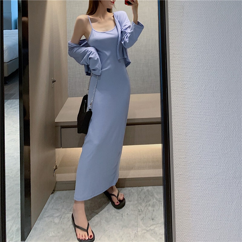 セットアップ レディース ワンピース キャミワンピ キャミソール カーディガン プルオーバー ロングスカート ロング ロング丈 袖あり 長袖 襟なし Uネック ラウンドネック 薄手 スリム 2点セット