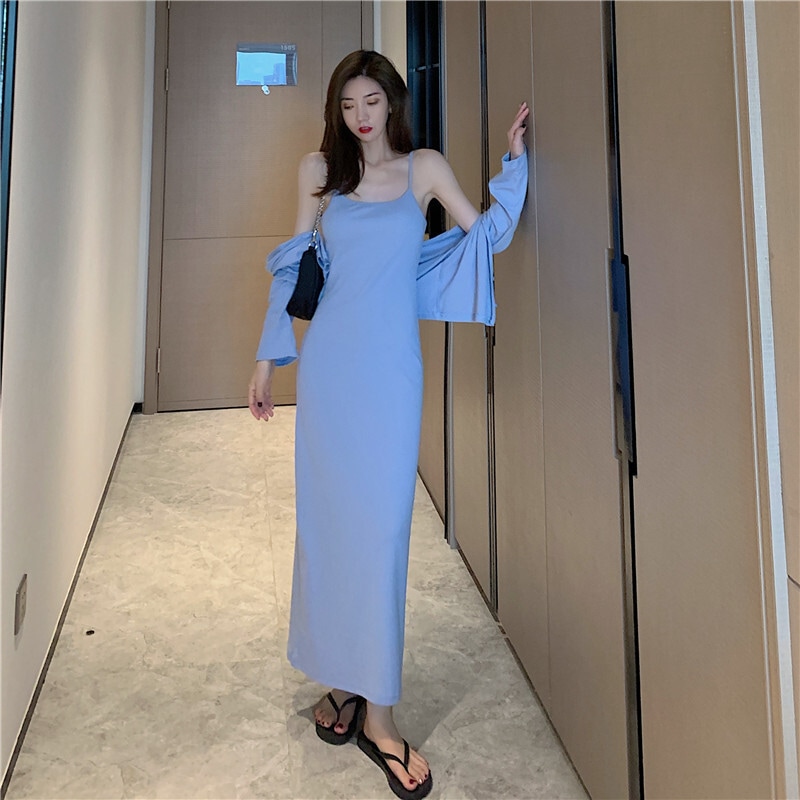 セットアップ レディース ワンピース キャミワンピ キャミソール カーディガン プルオーバー ロングスカート ロング ロング丈 袖あり 長袖 襟なし Uネック ラウンドネック 薄手 スリム 2点セット