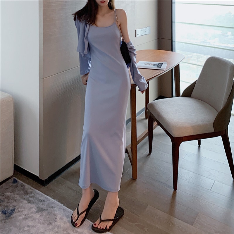 セットアップ レディース ワンピース キャミワンピ キャミソール カーディガン プルオーバー ロングスカート ロング ロング丈 袖あり 長袖 襟なし Uネック ラウンドネック 薄手 スリム 2点セット