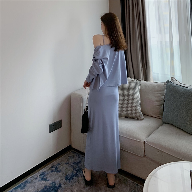 セットアップ レディース ワンピース キャミワンピ キャミソール カーディガン プルオーバー ロングスカート ロング ロング丈 袖あり 長袖 襟なし Uネック ラウンドネック 薄手 スリム 2点セット