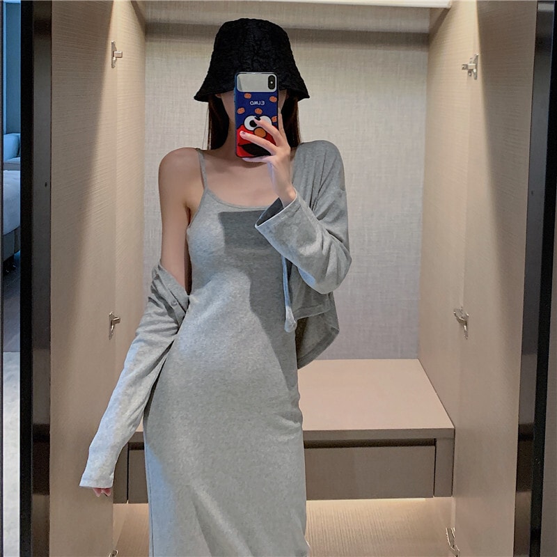 セットアップ レディース ワンピース キャミワンピ キャミソール カーディガン プルオーバー ロングスカート ロング ロング丈 袖あり 長袖 襟なし Uネック ラウンドネック 薄手 スリム 2点セット