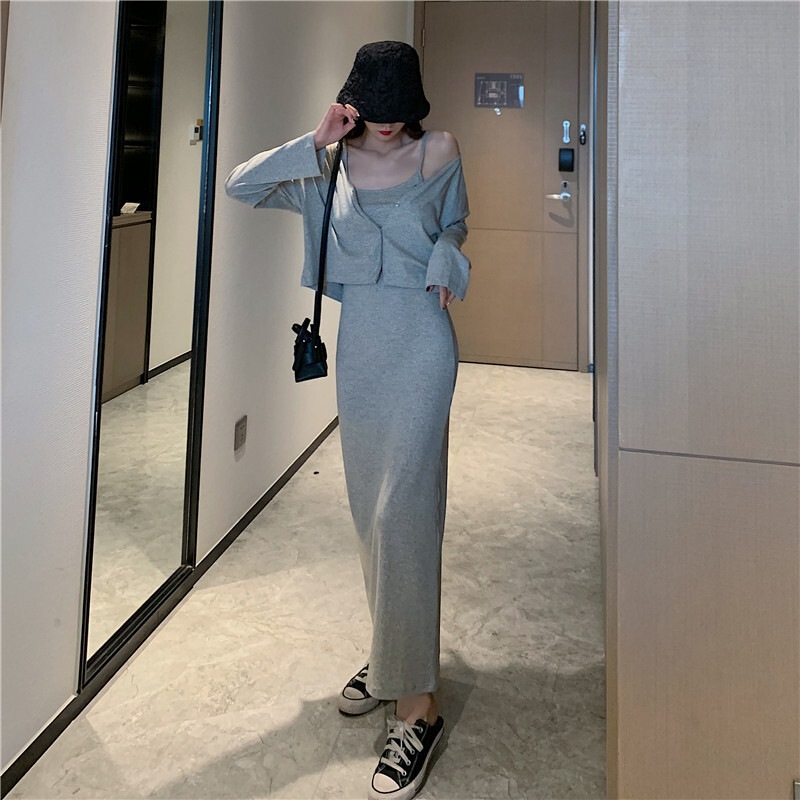 セットアップ レディース ワンピース キャミワンピ キャミソール カーディガン プルオーバー ロングスカート ロング ロング丈 袖あり 長袖 襟なし Uネック ラウンドネック 薄手 スリム 2点セット