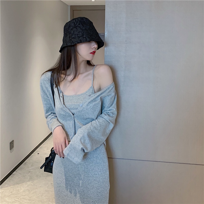 セットアップ レディース ワンピース キャミワンピ キャミソール カーディガン プルオーバー ロングスカート ロング ロング丈 袖あり 長袖 襟なし Uネック ラウンドネック 薄手 スリム 2点セット