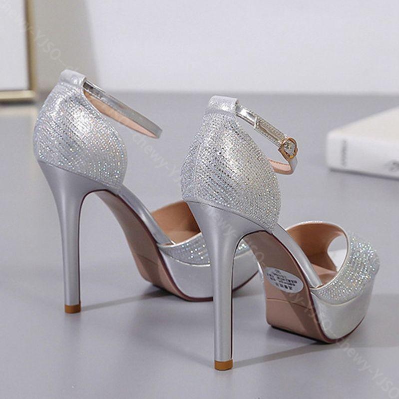 777円OFFクーポン パンプス オープントゥ ピンヒール ハイヒール ストーム 前厚 痛くない サンダル パーティーシューズ 結婚式 キャバ ウェディングシューズ アンクルストラップ パンプス グリ