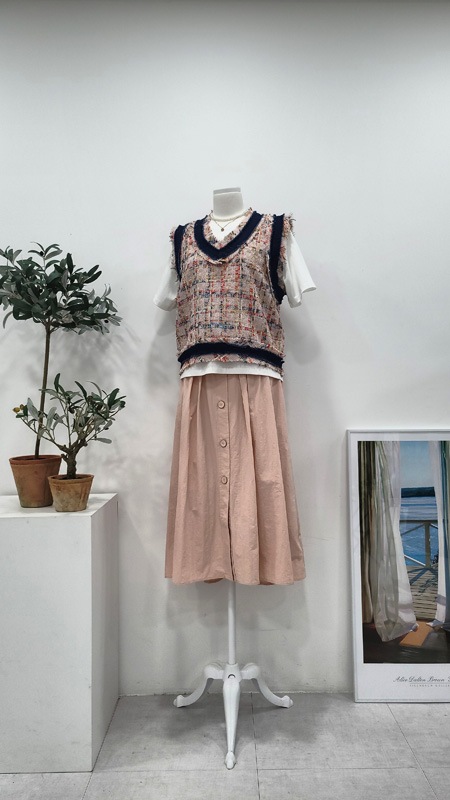 レディースツイードクロップベストピンクベストルーズフィットチェックVネックベスト レディースツイードクロップベストピンクベストルーズフィットチェックVネックベスト