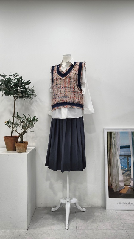 レディースツイードクロップベストピンクベストルーズフィットチェックVネックベスト レディースツイードクロップベストピンクベストルーズフィットチェックVネックベスト