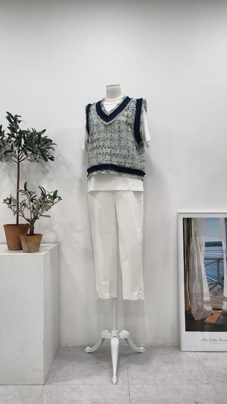 レディースツイードクロップベストピンクベストルーズフィットチェックVネックベスト レディースツイードクロップベストピンクベストルーズフィットチェックVネックベスト