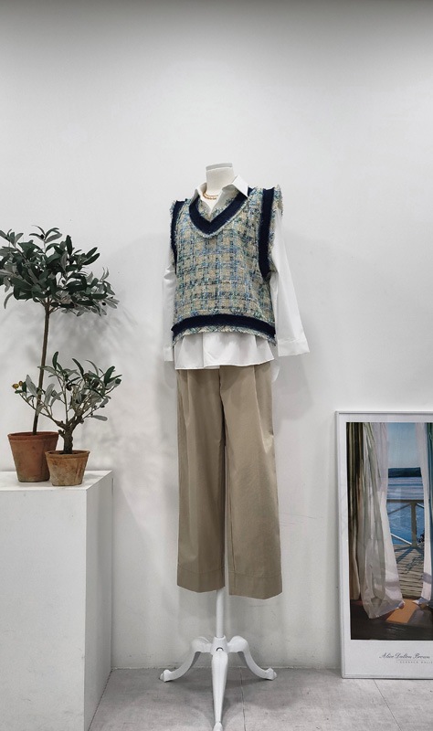 レディースツイードクロップベストピンクベストルーズフィットチェックVネックベスト レディースツイードクロップベストピンクベストルーズフィットチェックVネックベスト