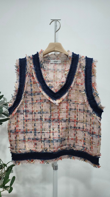 レディースツイードクロップベストピンクベストルーズフィットチェックVネックベスト レディースツイードクロップベストピンクベストルーズフィットチェックVネックベスト