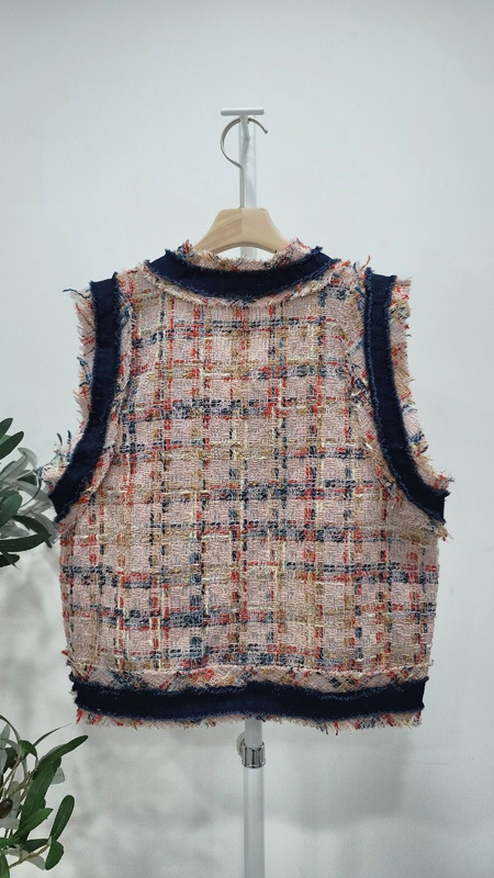 レディースツイードクロップベストピンクベストルーズフィットチェックVネックベスト レディースツイードクロップベストピンクベストルーズフィットチェックVネックベスト