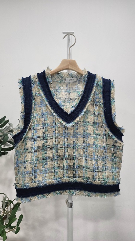 レディースツイードクロップベストピンクベストルーズフィットチェックVネックベスト レディースツイードクロップベストピンクベストルーズフィットチェックVネックベスト