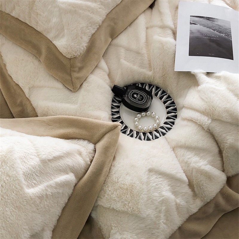 冬クラスaウサギぬいぐるみベッド4点セットミルクベルベットプラスベルベットキルトカバー厚みのある暖かいコーラルフランネルシーツ4