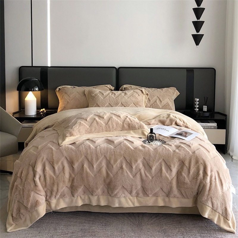 冬クラスaウサギぬいぐるみベッド4点セットミルクベルベットプラスベルベットキルトカバー厚みのある暖かいコーラルフランネルシーツ4