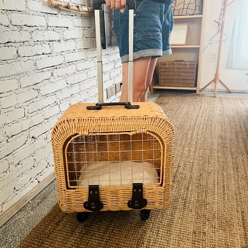 MamyPets 1pc ラタン製ペットキャリー キャスター付きステンレススチールフレームポータブル織り猫と犬の旅行トロリーアウトドアピクニックバスケット MamyPets 1pc ラタン製ペットキャリー キャスター付きステンレススチールフレームポータブル織り猫と犬の旅行トロリーアウトドアピクニックバスケット