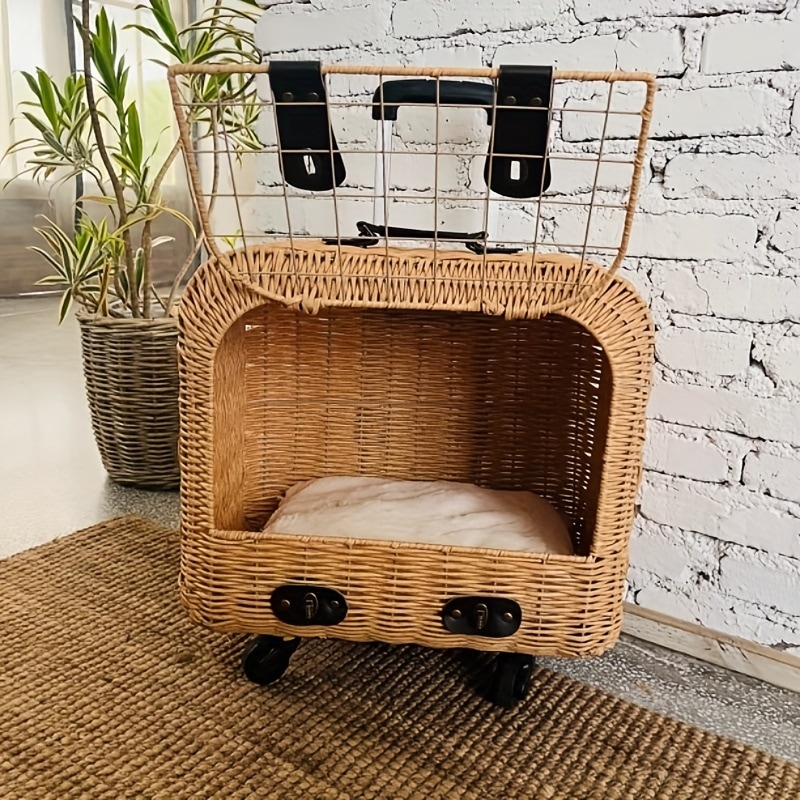 MamyPets 1pc ラタン製ペットキャリー キャスター付きステンレススチールフレームポータブル織り猫と犬の旅行トロリーアウトドアピクニックバスケット MamyPets 1pc ラタン製ペットキャリー キャスター付きステンレススチールフレームポータブル織り猫と犬の旅行トロリーアウトドアピクニックバスケット