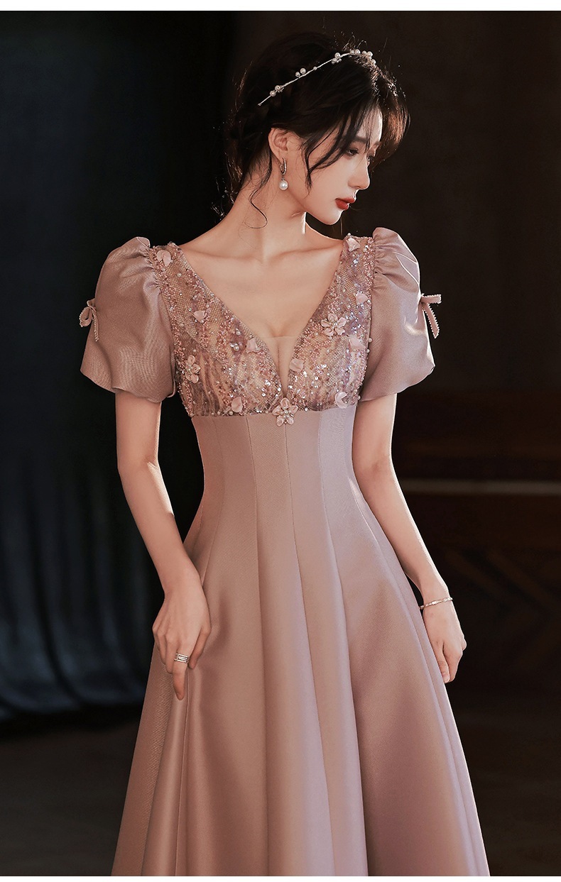 二次会ドレス　韓国ドレス　ウェディングドレス　パーティードレス　ドレス 即納】結婚式や二次会に ビジュー付きシフォンMIXのマキシ丈袖