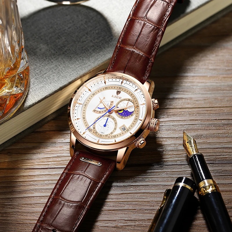 Lige-男性用レザーウォッチ,大型時計,ミリタリー,スポーツ,耐水性,クォーツ,ケース Lige-男性用レザーウォッチ,大型時計,ミリタリー,スポーツ,耐水性,クォーツ,ケース