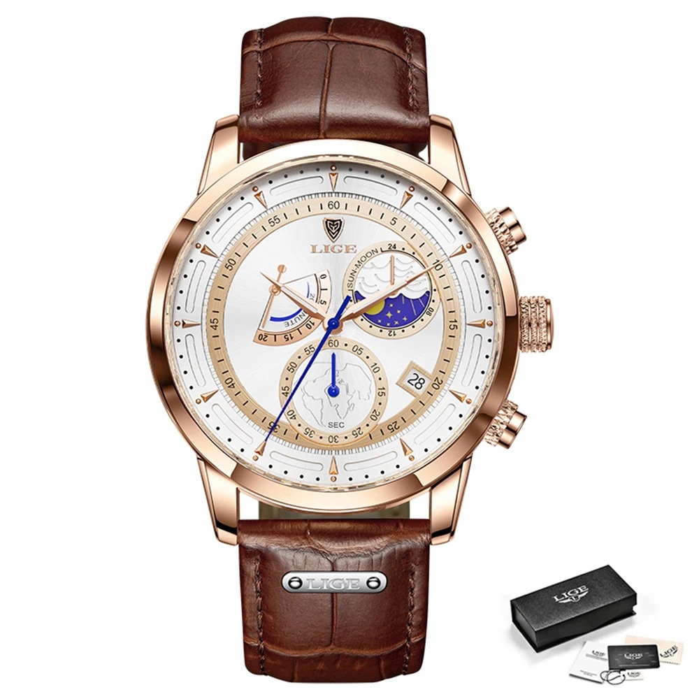 Lige-男性用レザーウォッチ,大型時計,ミリタリー,スポーツ,耐水性,クォーツ,ケース Lige-男性用レザーウォッチ,大型時計,ミリタリー,スポーツ,耐水性,クォーツ,ケース
