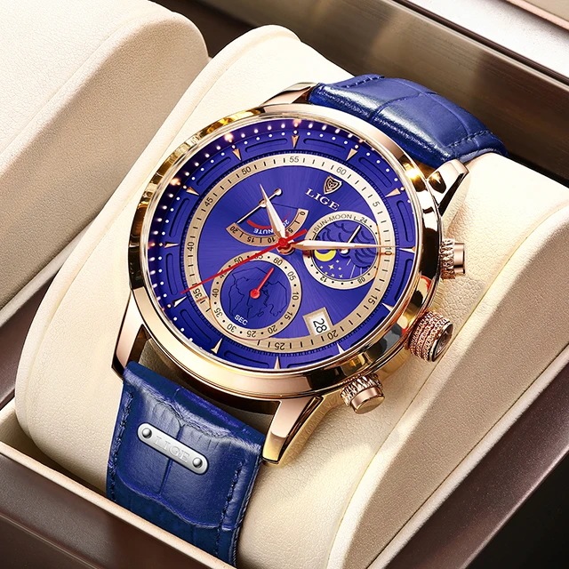 Lige-男性用レザーウォッチ,大型時計,ミリタリー,スポーツ,耐水性,クォーツ,ケース Lige-男性用レザーウォッチ,大型時計,ミリタリー,スポーツ,耐水性,クォーツ,ケース