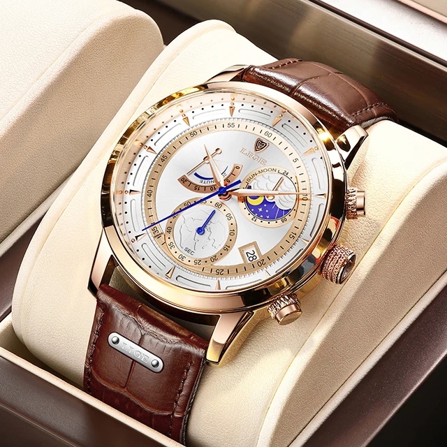 Lige-男性用レザーウォッチ,大型時計,ミリタリー,スポーツ,耐水性,クォーツ,ケース Lige-男性用レザーウォッチ,大型時計,ミリタリー,スポーツ,耐水性,クォーツ,ケース