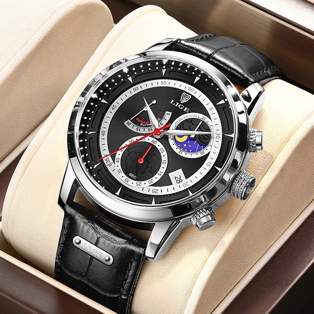 Lige-男性用レザーウォッチ,大型時計,ミリタリー,スポーツ,耐水性,クォーツ,ケース Lige-男性用レザーウォッチ,大型時計,ミリタリー,スポーツ,耐水性,クォーツ,ケース