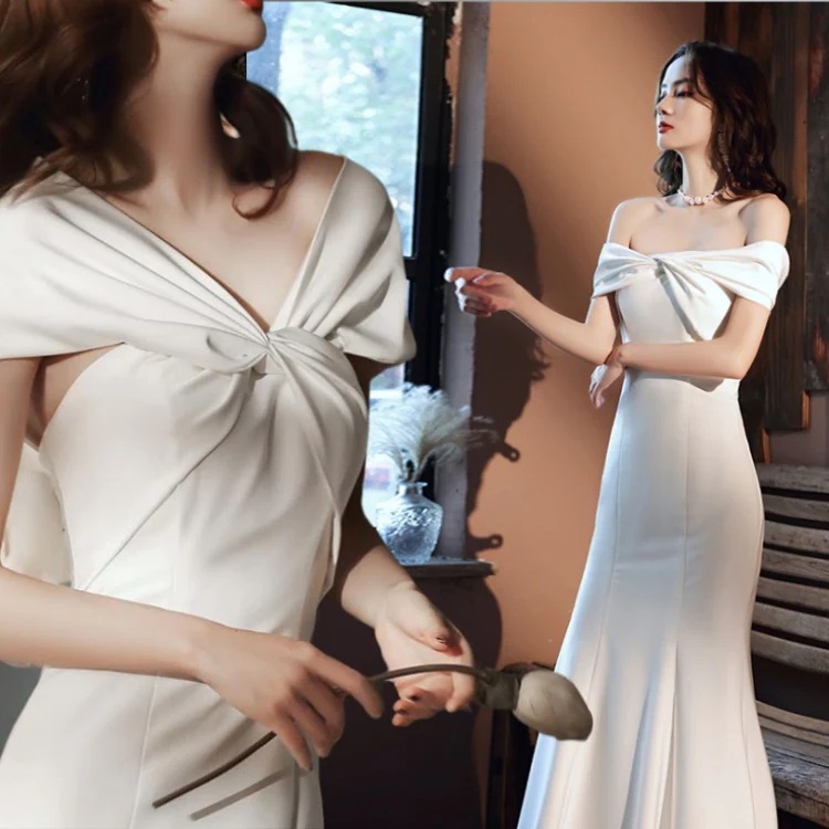 ウェディングドレス 白 パーティードレス オフショルダー 露背 結婚式 ドレス ノースリーブ 白 シンプル 無地 ワンピース 二次会 披露宴 前撮り後撮り ビーチフォト花嫁ドレス エンパイア