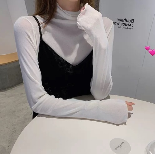 トップス 小さいサイズ モテアイテム シャツ 長袖 ハイネック スリム 細身 スマート フリル 薄手 無地 春 秋 10代 20代 30代 40代 レディース 女性用 OL 通勤 学生 通学 デート